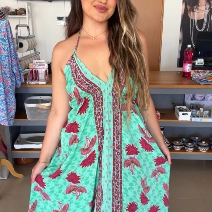 VESTIDO SEDA VERDE ESTAMPADO FLOR